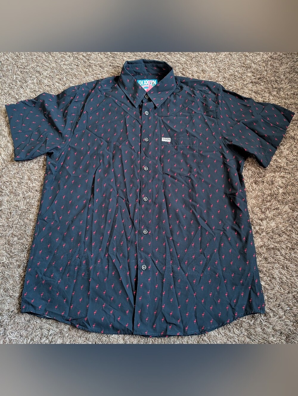 Dixxon Mingos Black Flamingos AOP Short Sleeve Button Up Shirt Men's XL